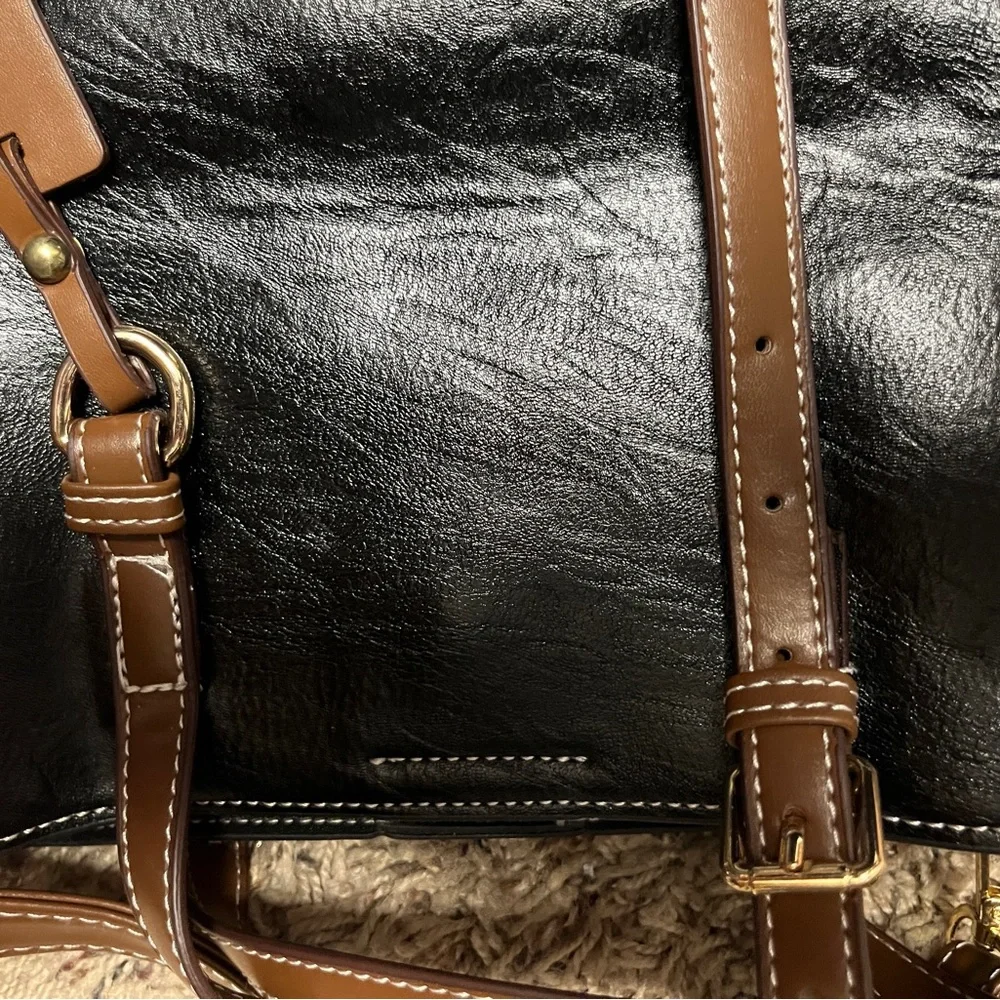 Faux Leather Two-Tone Crossbody Tote Bag. Black brown - Picture 6 of 12